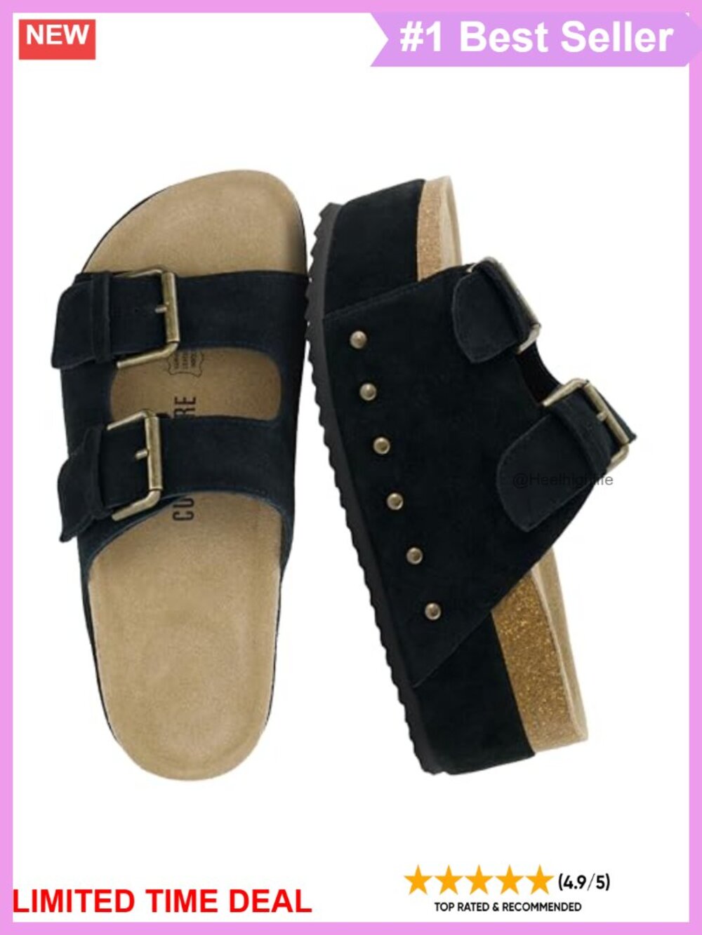 CUSHIONAIRE Platform Sandals Suede Leather Cork Footbed Studded Chunky Slide